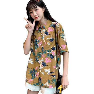 

Floral Print Women Blouses Summer Turn-down Collar Short Sleeve Shirt Korean Beach Casual Loose Blouse Women Printed Tops