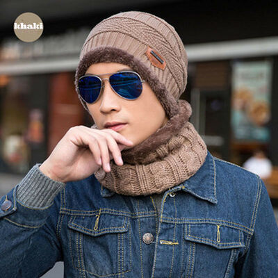 

2Pcs Men Knitted Woolly Thermal Beanie Outdoor Fleece Warm Winter Ski Hat Cap