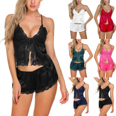 

US Women Sexy Lingerie Sleepwear Satin Silk Babydoll Lace Nightwear Pajamas Set