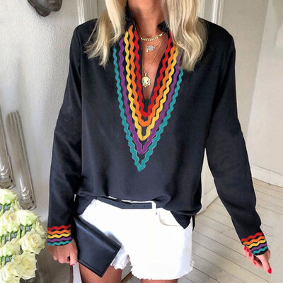

Autumn&Winter Women Ethnic Style Striped V Neck Long Sleeved Casual Ladies Shirt Tops