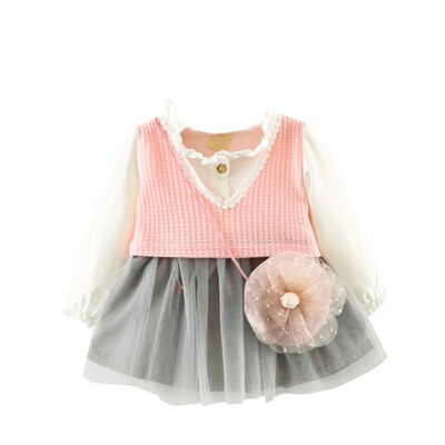

Girls Dress Flower Mesh Autumn Long Sleeve Baby Girl Dress Fake 2PCS Vest Kids Dresses For Girls Children Clothing