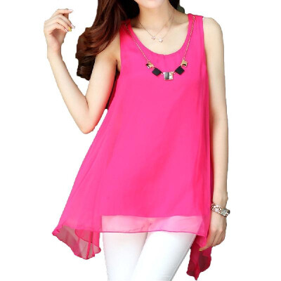 

New Fashion Women Chiffon Blouse Candy Color Sleeveless Irregular Hem Loose Tank Tops Rose