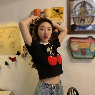 

Womens Sexy Turn-down Collar Knitted Cherry Print Top Tees