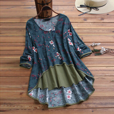 

Tailored Women Casual Irregular Floral Print Patchwork Long Sleeve T-Shirt Top Blouse