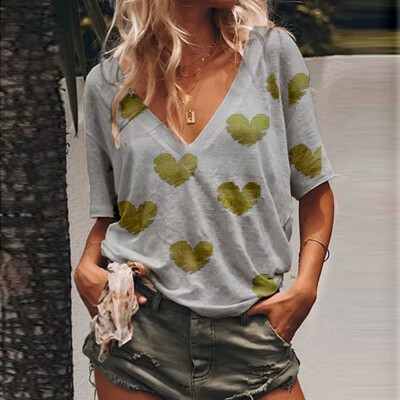 

Nomeni Womens Summer Casual Loose V-Neck Heart-Shaped Print T-Shirt Top