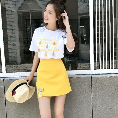 

Women Summer Loose Simple Short Sleeve Round Collar T-Shirt Casual Slim Print Skirt Two-Piece Suit