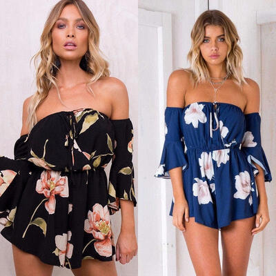 

Women&39s Floral Bandage Romper Jumpsuit Off Shoulder Shorts Pants Summer Playsuit