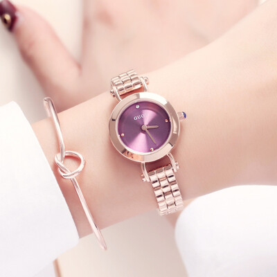 

Compact dial round personality rhinestone scale steel band female quartz watch