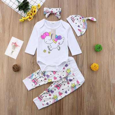 

Newborn Infant Baby Girl Unicorn Tops Romper Long Pants 4Pcs Outfits Clothes