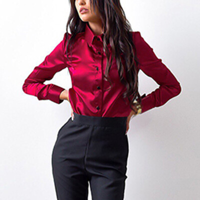 

Women Silky Business Office Casual Tops Blouse Long Sleeve Lapels Button Shirts