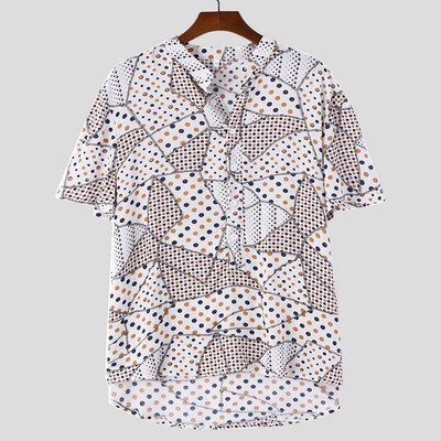 

Tailored Mens Ethnic Printed Stand Collar Colorful Stripe Short Sleeve Loose Shirt