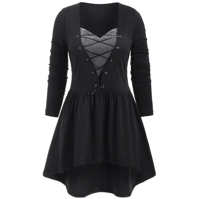 

Tailored Fashion Women Casual Plus Size Solid Cross Bandage Long Sleeve Partchwork Dress