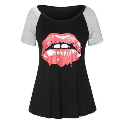 

Nomeni Women Summer Lip Printing O Round Shirt Short Sleeve Casual Tops Blouse