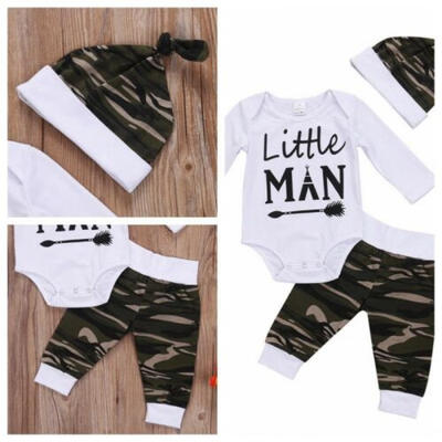 

Newborn Baby Boys little man Rompers Camouflage Hat Trousers 3pcs Kids Outfits