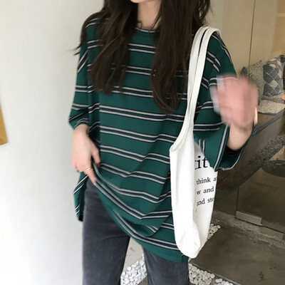 

Korean Style Women Striped O-Neck T-Shirt Casual Loose Half Sleeve Tops Summer T Shirt