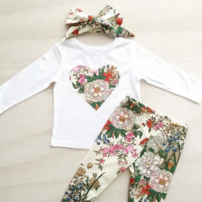 

3PCS Newborn Kids Baby Girl Romper TopsFloral PantsHeadband Outfit Clothes Set