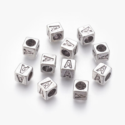 

Tibentan Style Alloy European Beads Large Hole Beads Cube Cadmium Free & Nickel Free & Lead Free Antique Silver LetterA