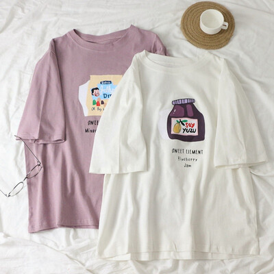 

Womens Casual Round Neck Cartoon & Letters Print Short Sleeve Loose Pullover T-Shirt