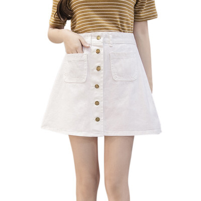 

New harajuku summer Womens ladies A-line Pencil Jeans Skirt Front Button High Waist Denim small pockets Skirt black white