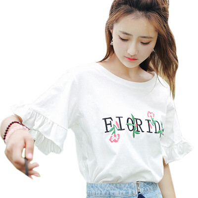 

Women Embroidery Flare Sleeve Tees Casual Loose Students Tops All Match T Shirt