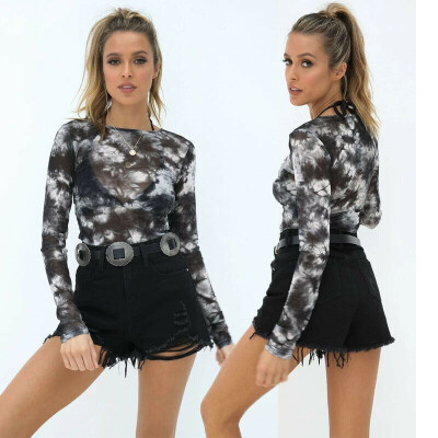 

Women Sheer Mesh Casual Tops Long Sleeve Round Neck Floral T-Shirt Blouse Beach