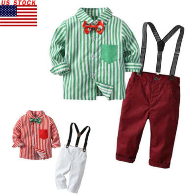 

2Pcs Kids Baby Boys Christmas Suit Stripe TopsBow tieSuspender Pants Outfit US