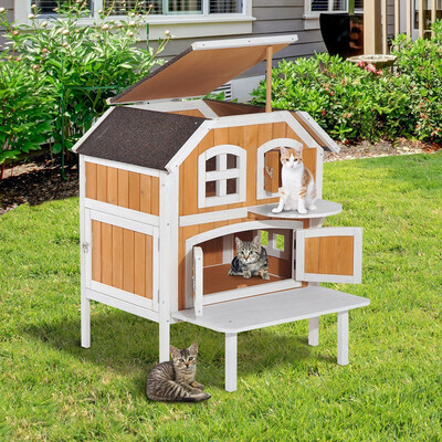 

Ktaxon 2-Story Fir Wood Cat Cottage Pet House Indoor Outdoor Kennel Furniture Yellow