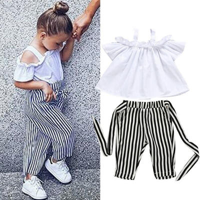 

Toddler Kids Baby Girls Cute Strap Ruffle Vest Tank TopsStripe Long Pants 2Pcs Outfits Clothes Set