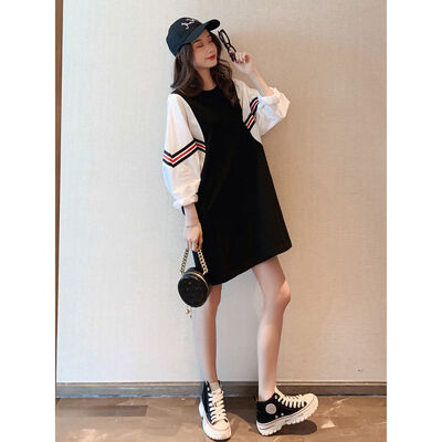 

Women Loose Stitching Fake Two-Piece Bat Sleeve Mid-Length Skirt Casual Sweater Dress