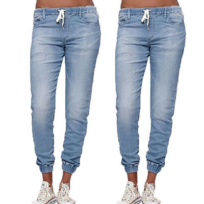

Womens Casual Denim Jogger Pants Ladies Drawstring Pencil Stretch Skinny Elastic Waist Drawstring Jeans Solid