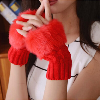 

Women Gloves With Faux Fur Winter Knitting Gloves Wrist Crochet Knitted Fingerless Gloves Mittens Autumn Warmer Gloves