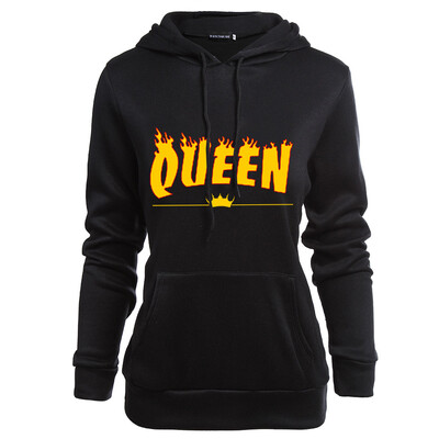 

2019 New Fashion Couple Casual Hoodie King Queen Letter Print Hooded Sweatshirt Pocket Tops Valentines Day Gift