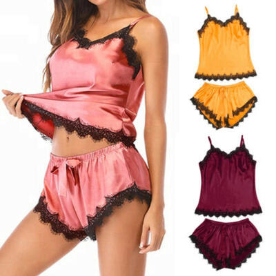 

Hot Women 2Pcs Sleepwear Set Lace Sleeveless Top Short Lingerie Suit Nightdress
