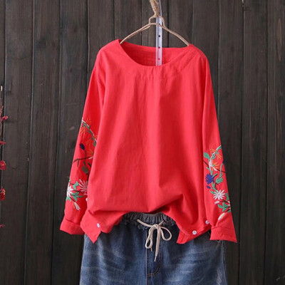 

Fall Women Tops Shirts Long Sleeve Loose Round Neck Embroidery Blouse Plus Size