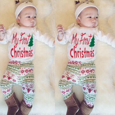 

4PCS Newborn Baby Girl Boy Clothes Romper Tops Pants Christmas Outfits Set 0-18M