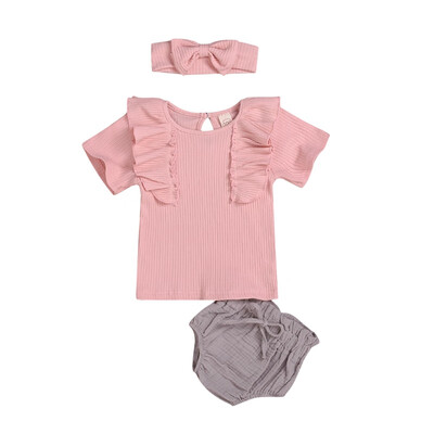 

3PCS Summer Baby Girls Clothes Sets Short Sleeve Newborn T-shirt TopsBottom ShortsHeadband 2pcs Infant Suits