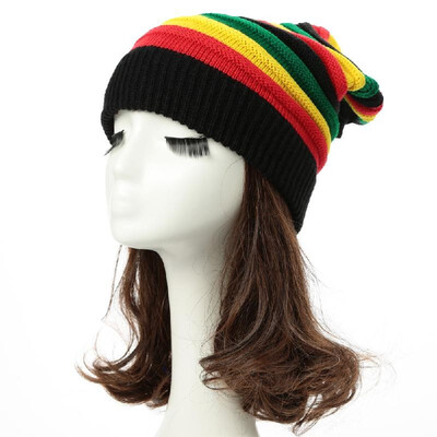 

New Women Men Knitted Beanie Hat Contrast Stripe Splice Ribbed Brim Warm Dance Cap Headwear