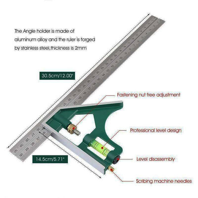 

〖Follure〗Stainless Steel Combination Square Universal Adjustable Multifunctional 12-Inch
