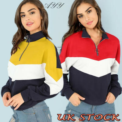 

Women Long Sleeve Crop Tops Pullover Zip Up V Neck Blouse Ladies Hoodies Jumper