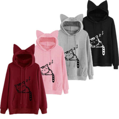 

US Stock Women Hoodie Long Sleeve Pullover Cat Ear Jumper Sweatshirt Casual Tops