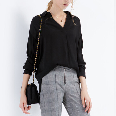 

CANVAUS Spring Solid Loose Casual Chiffon Blouse V-neck Long Sleeve Women Shirt CF7024D