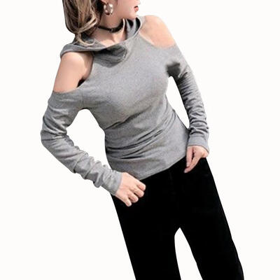 

Fashion Women T-Shirt Long Sleeve Solid Off-The-Shoulder Hooded Sexy Tops