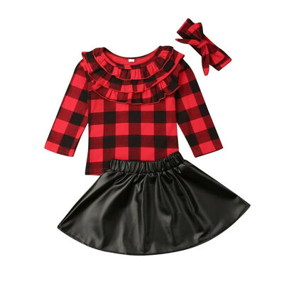 

Toddler Kids Baby Girls Outfits Clothes T-shirt Tops PU Dress Skirt 3PCS Set