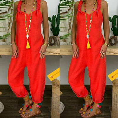 

Womens Sleeveless Casual Linen Jumpsuit Loose Wide Leg Pants Strap Harem Trousers Overalls
