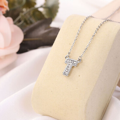 

Fashion Women 26 Double Sided English Alphabet Diamond Silver Color Necklace