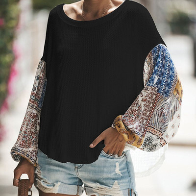 

Autumn Winter Women Long Sleeve Bohemian Knit Patchwork Blouse Casual O Neck High Low Ladies Loose Tops