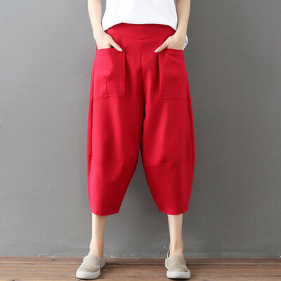 

Tailored Women Casual Elastic Waist Cotton And Linen Solid Loose Haren Wide Leg Pants