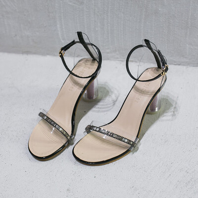 

Sandals female fairy wind 2019 new summer net red super fire transparent thick heel sequins toe buckle high heels