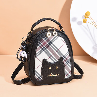 

New cute cat decorative check small round bag shoulder bag student Korean version ins wind children fun shoulder bag