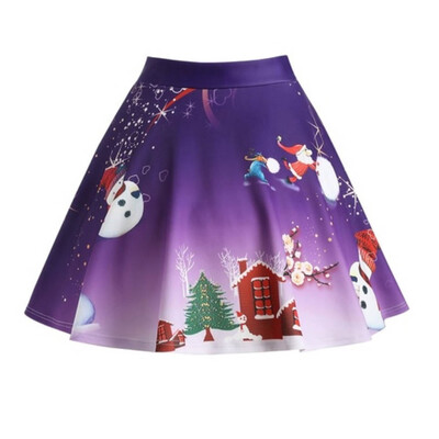 

Roseonmyhand Women Christmas Santa 3D Print Flare Elastic High Waist Cosplay Ball Gown Skirt